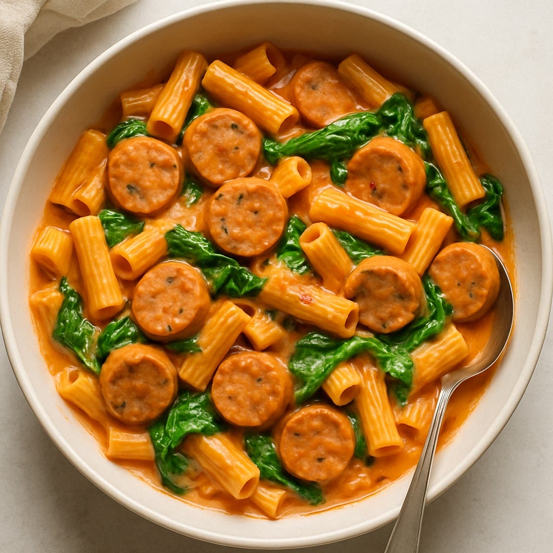 15-Minute Creamy Tomato & Spinach Chicken Sausage Pasta