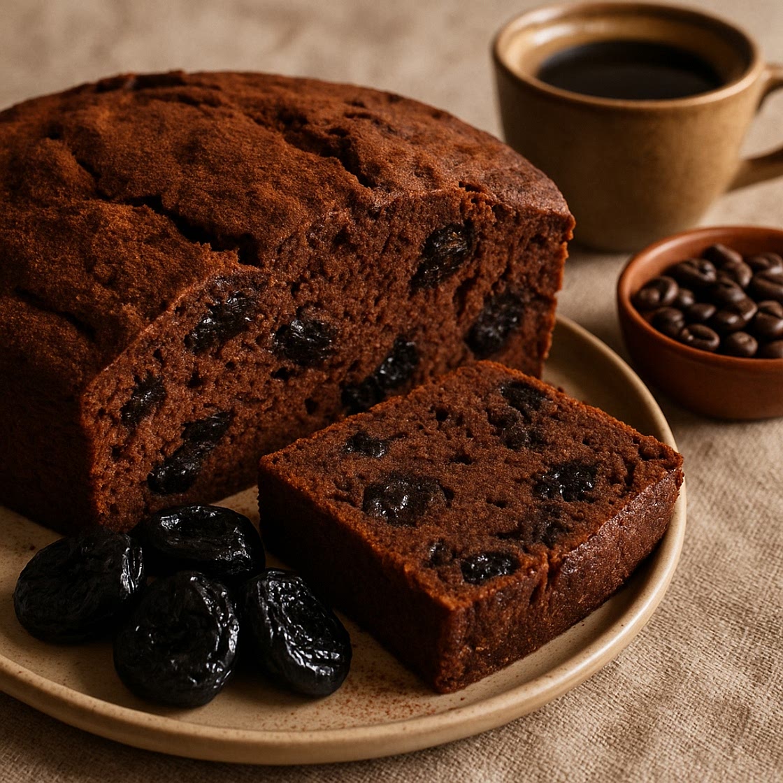 Torta de chocolate, ciruelas y café