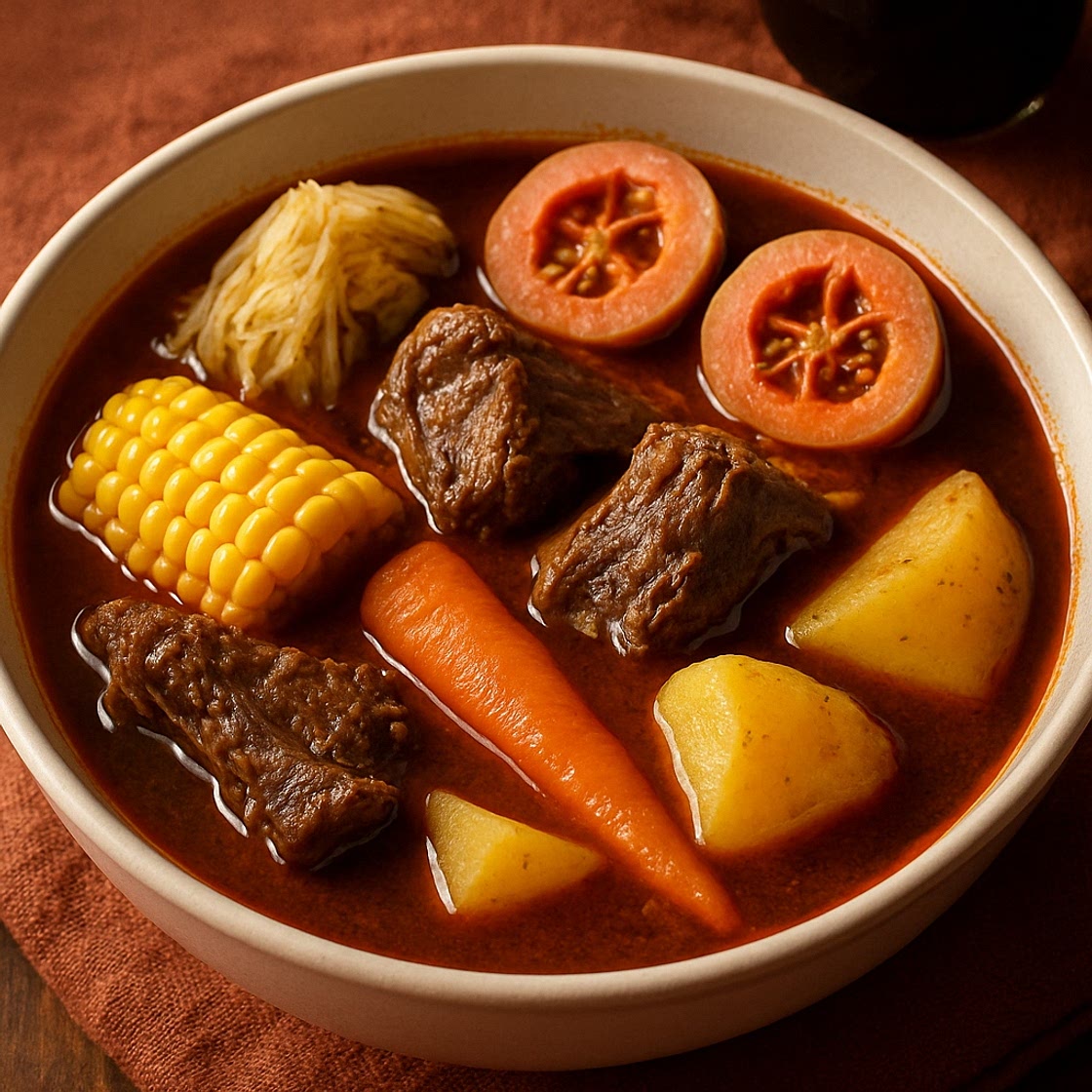 Caldo de res con xoconostle (con adobo de chile pasilla)