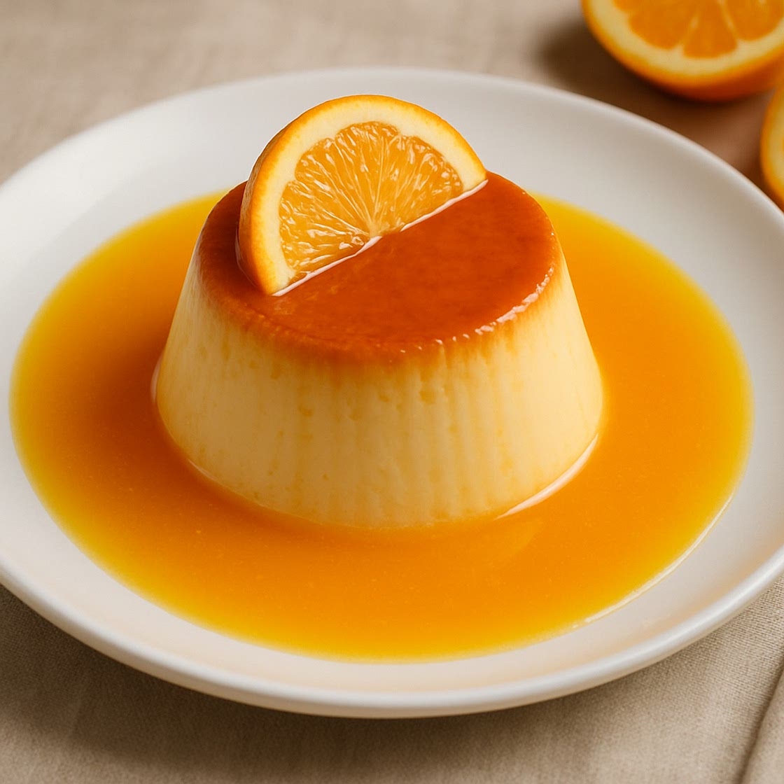 Flan de crema con salsa de naranja