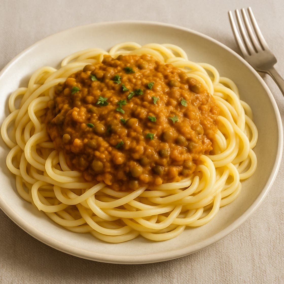Pasta con salsa de lentejas al curry