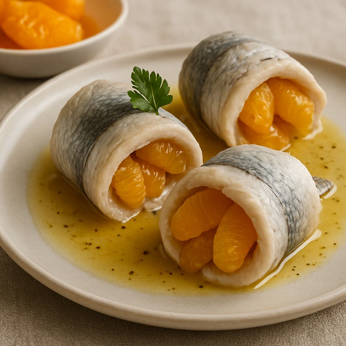 Rollitos de pescado rellenos de mandarina