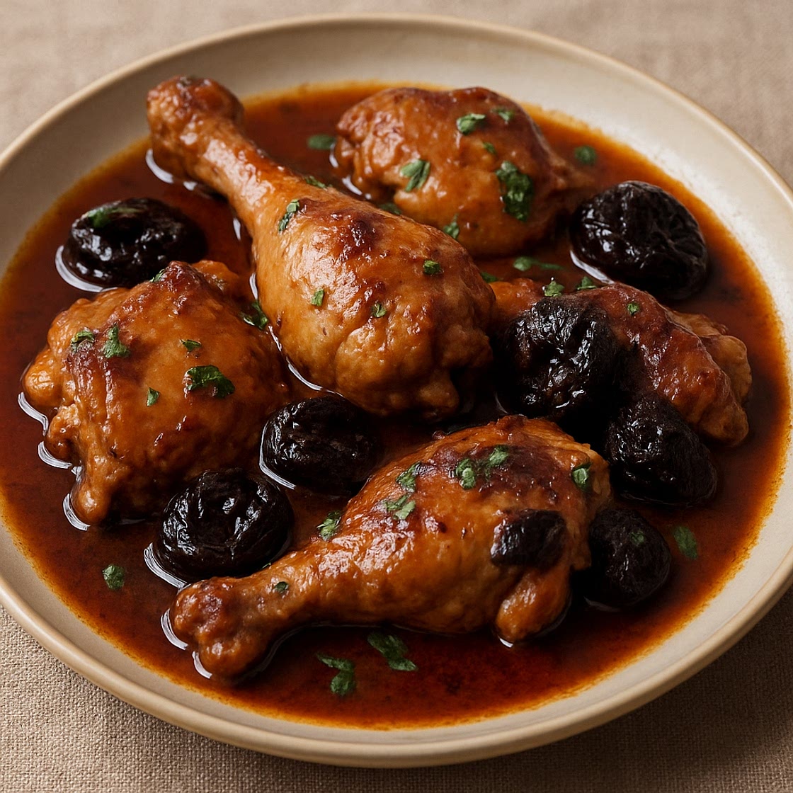 Pollo en salsa de vino de ciruelas
