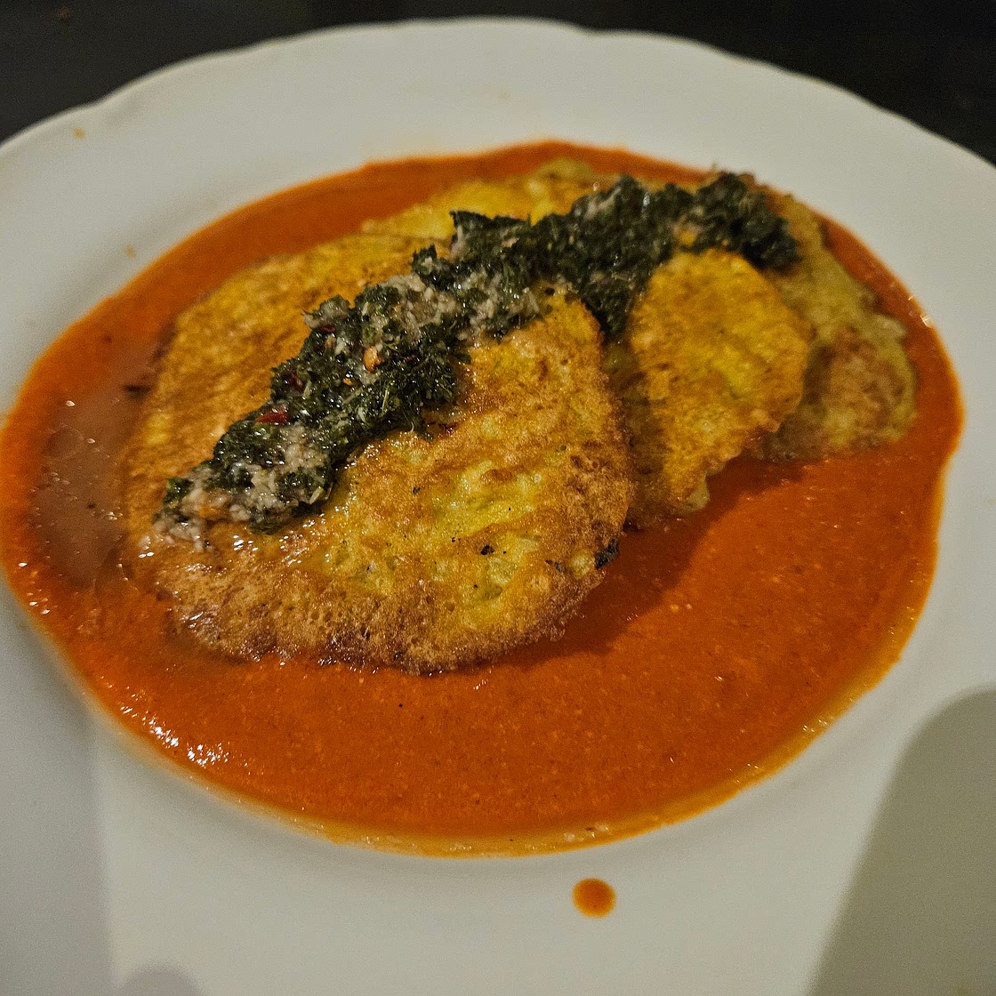 Latkes with Romesco sauce and chimichurri