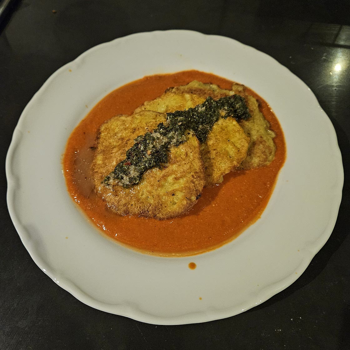 Latkes with Romesco sauce and chimichurri