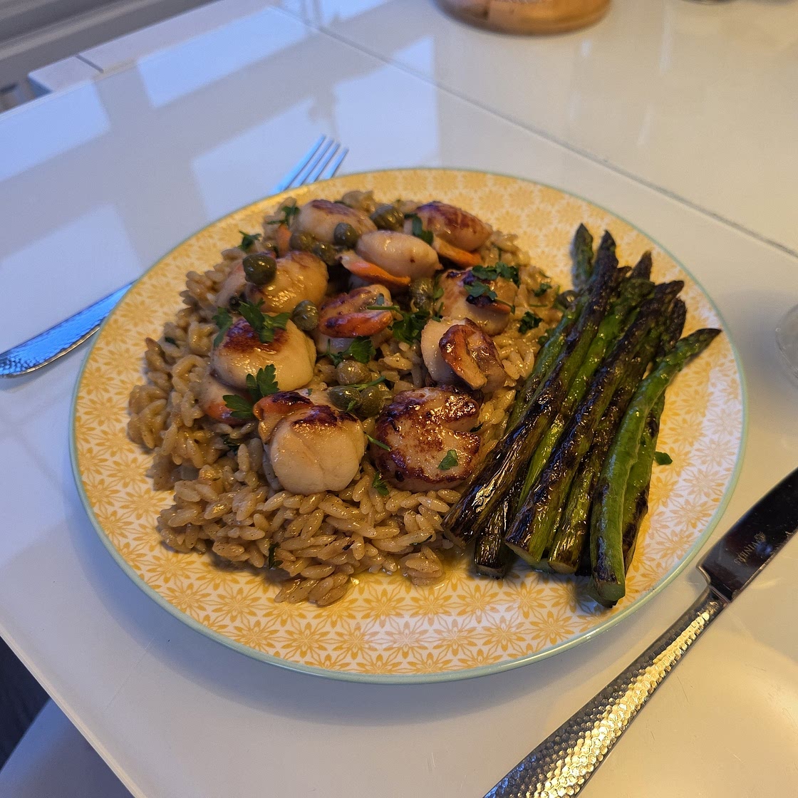 Seared Scallops with Lemon-Parmesan Orzo, Asparagus & Brown Butter
