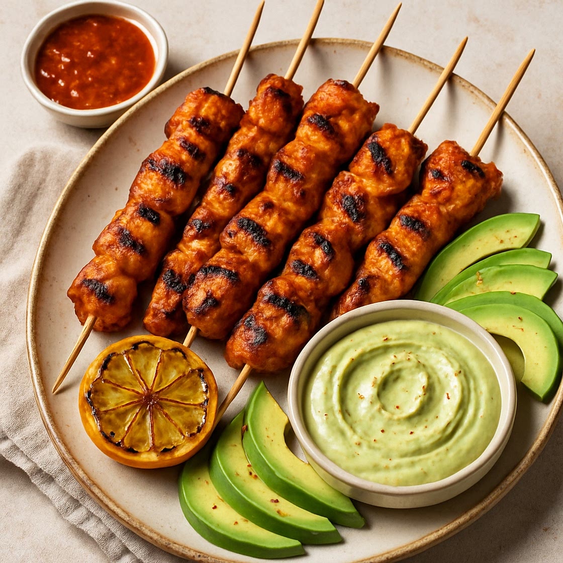 Peri Peri Chicken Skewers with Tahini & Avocado Dip