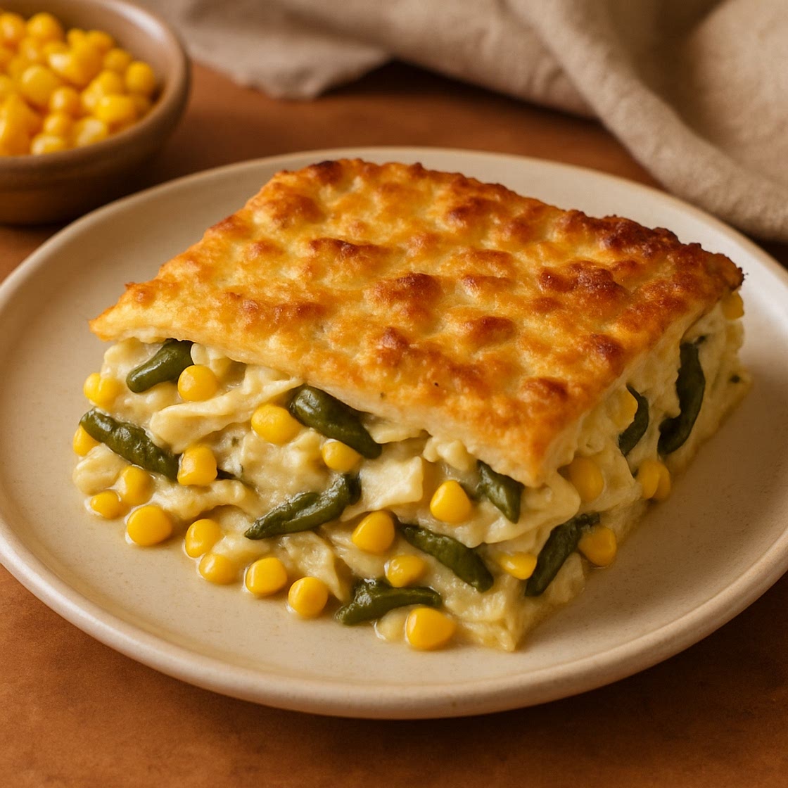 Budín de tortilla con elote y rajas