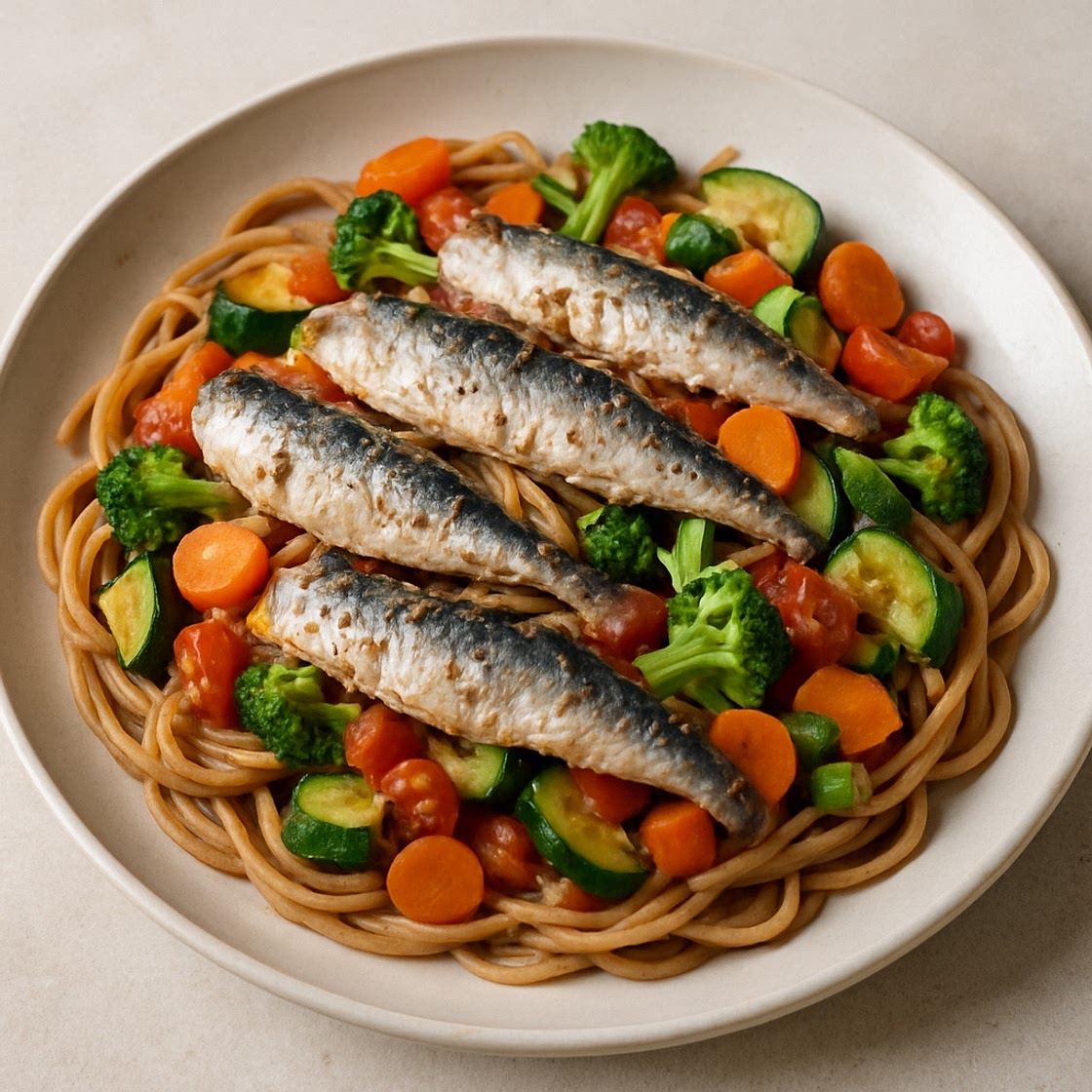 Espaguetis integrales con verduras y sardinas