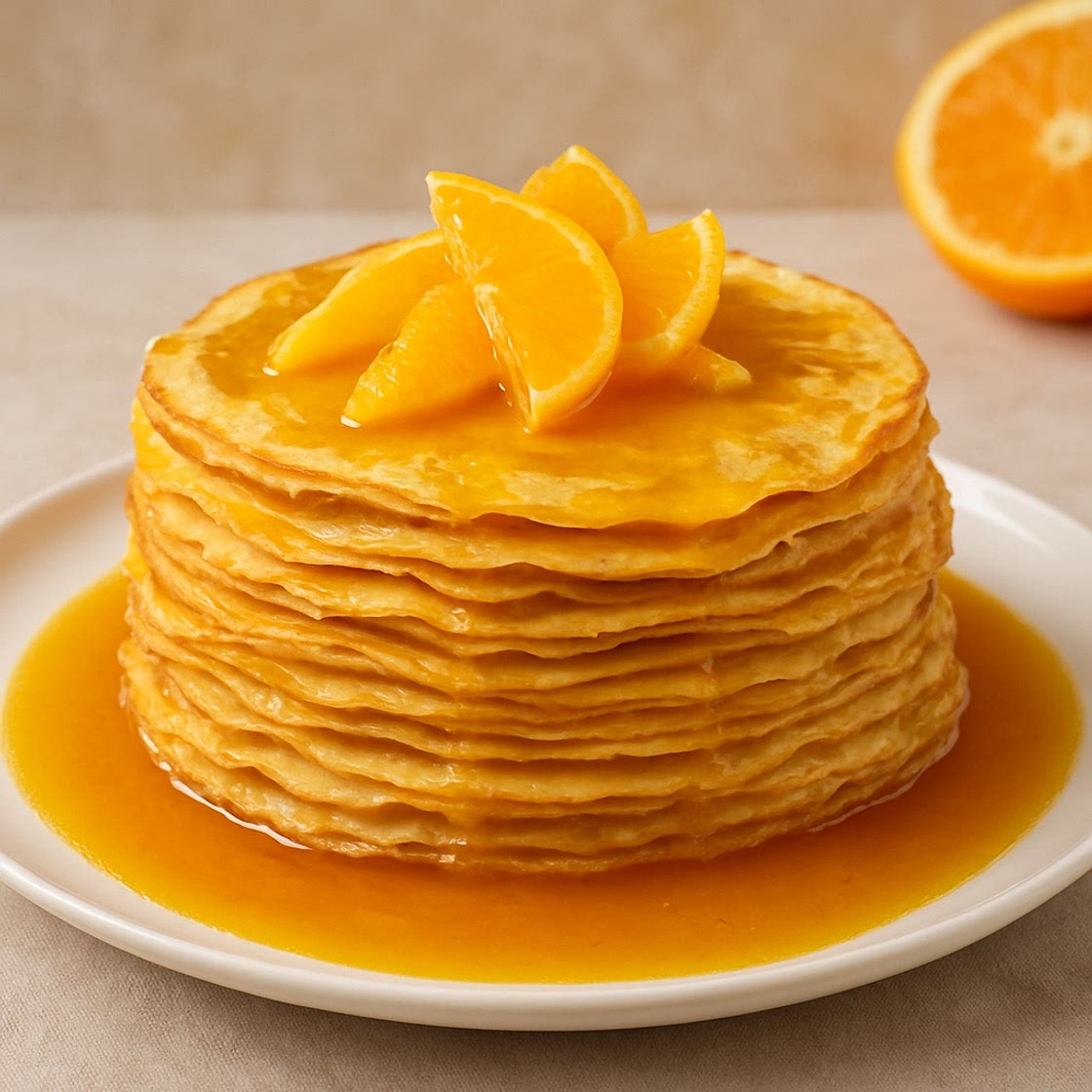 Torre de crepas de naranja con salsa de Cointreau