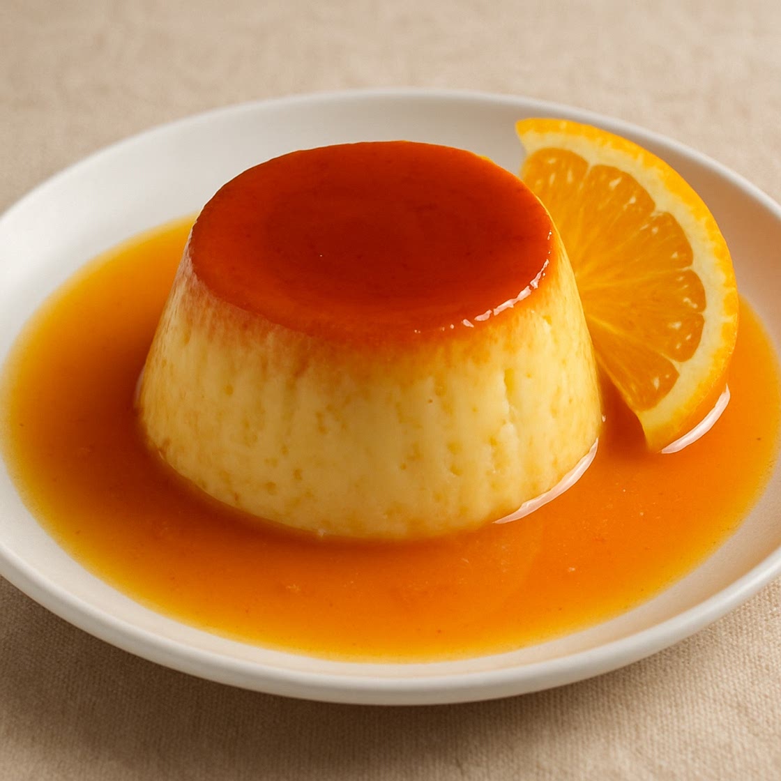 Flan de crema con salsa de naranja