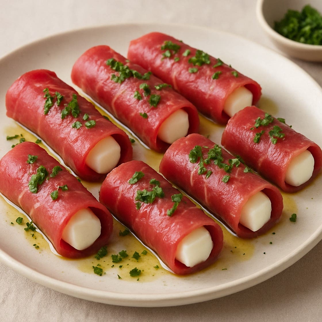 Rollitos de carpaccio y mozzarella