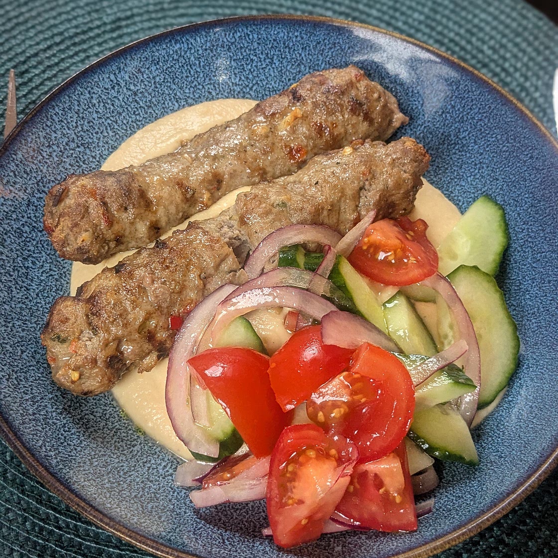 Lamb kofta, hummus, salad