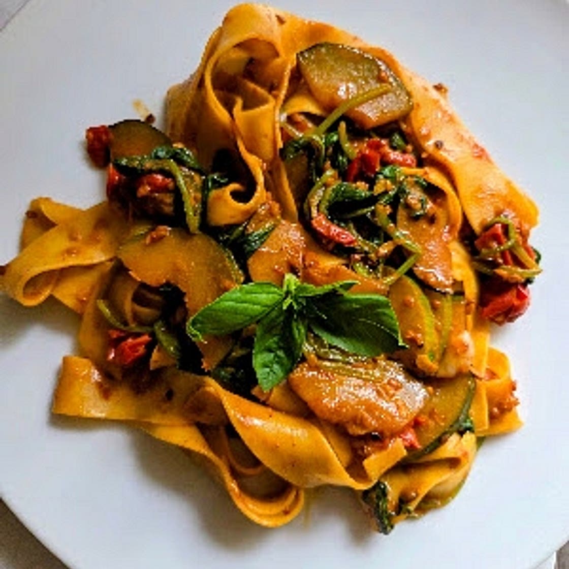 Burst Tomato Zucchini Pappardelle