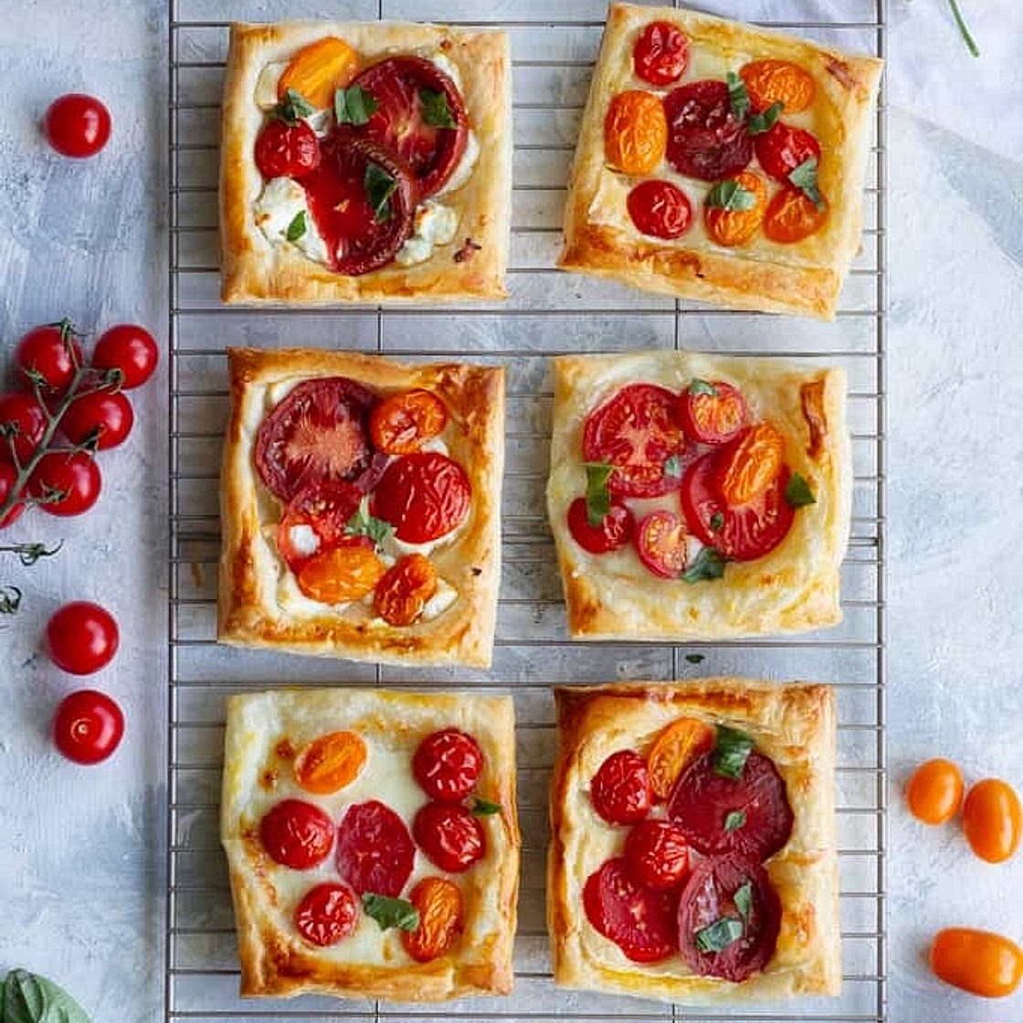 Southern-style tomato and pimento cheese puff pastry tart
