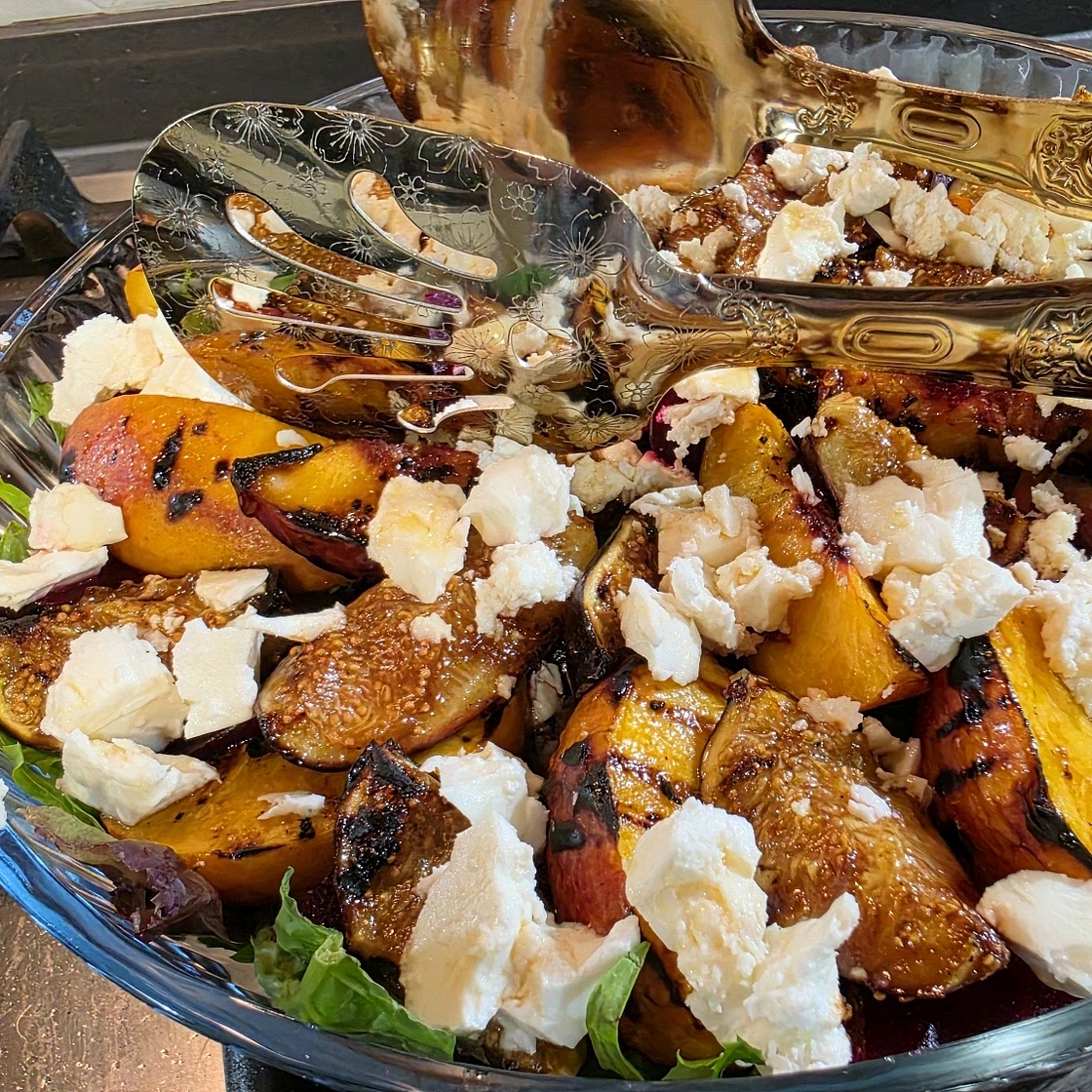 Fig, beetroot, goats' cheese, chilli & walnut salad