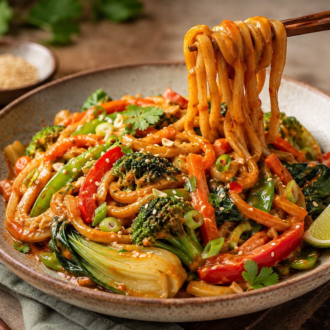 Udon-Pfanne mit Gochujang-Erdnuss-Kokos-Soße