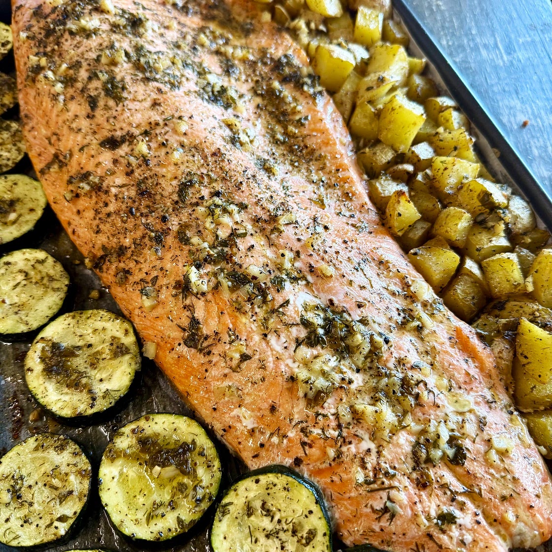 One Pan Salmon Potatoes and Zucchini