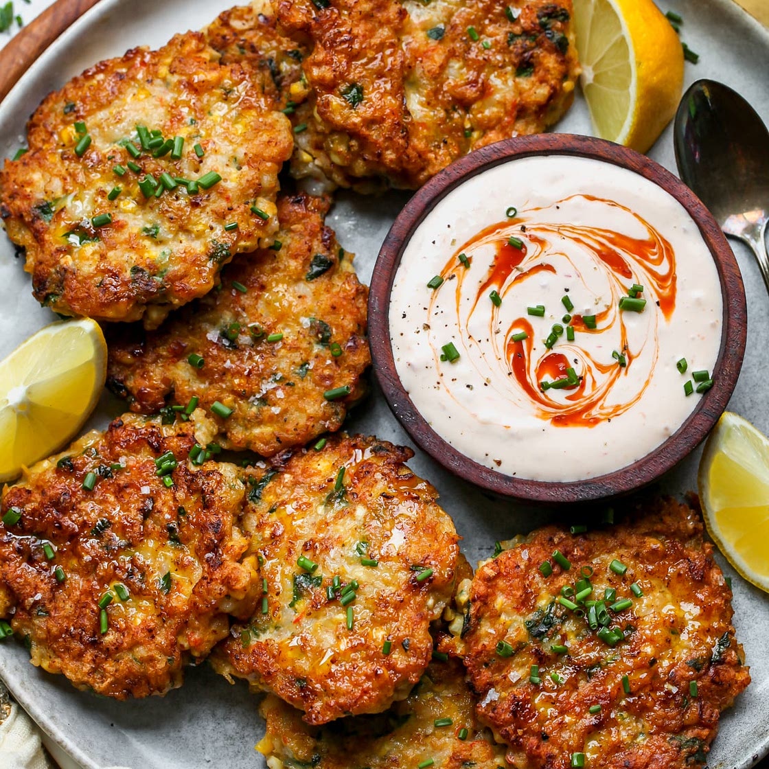 Shrimp and Corn Cakes with Sriracha Sauce