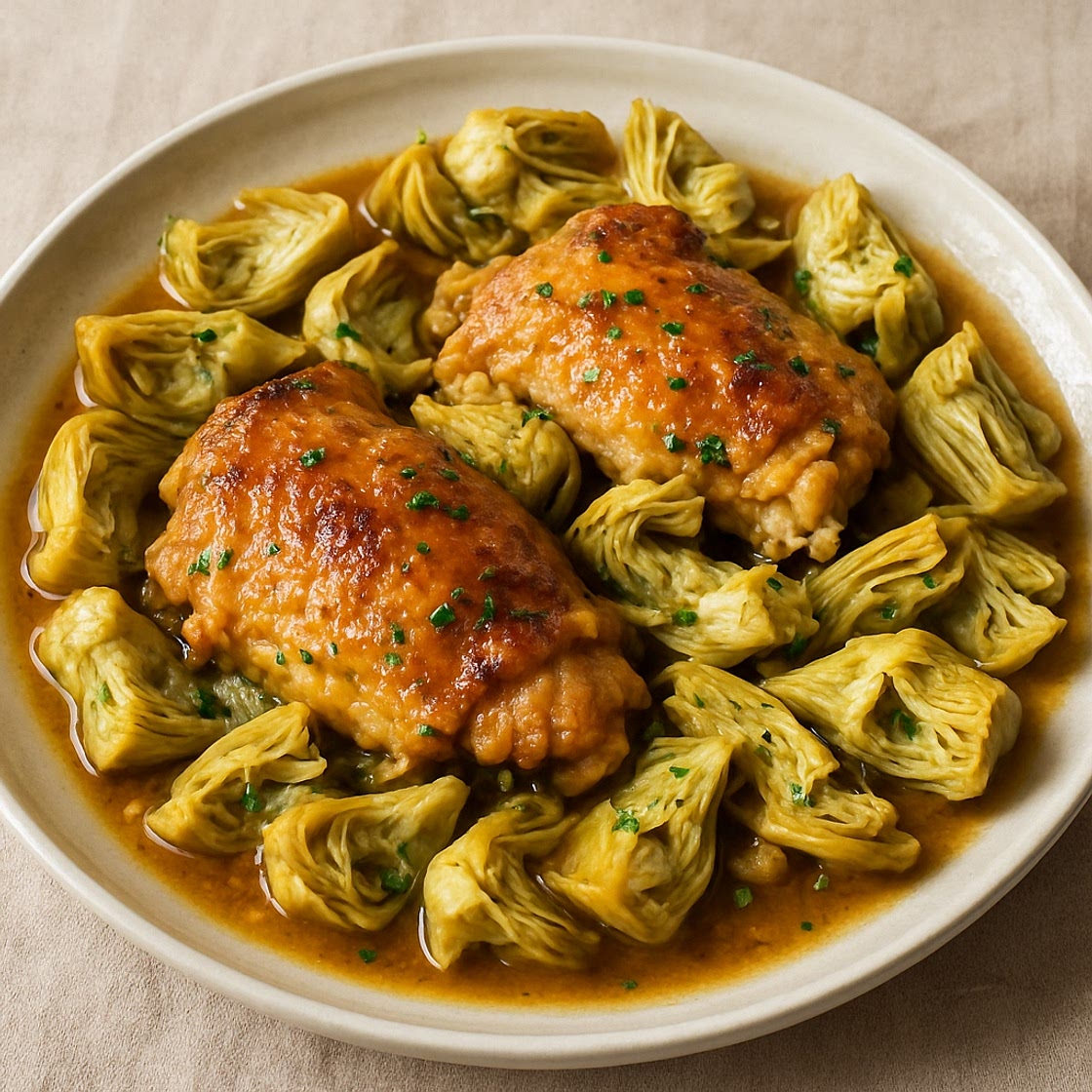 Braised Chicken with Marinated Artichokes