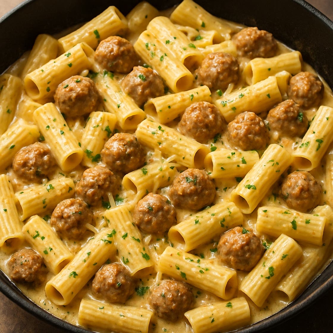 One-Pan Creamy Garlic Parmesan Rigatoni (with Mini Meatballs)