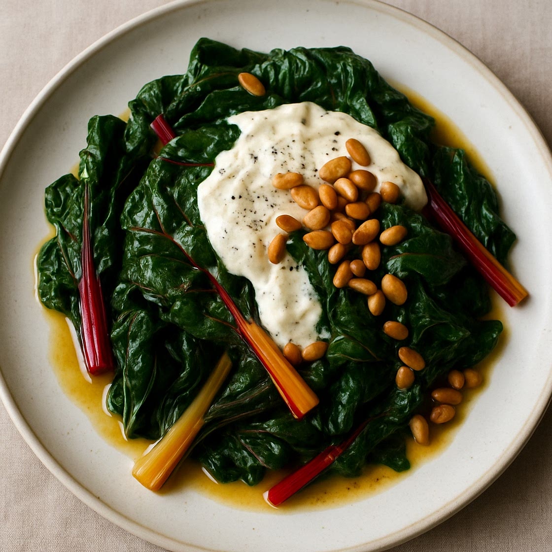 Swiss chard with tahini, yogurt & buttered pine nuts