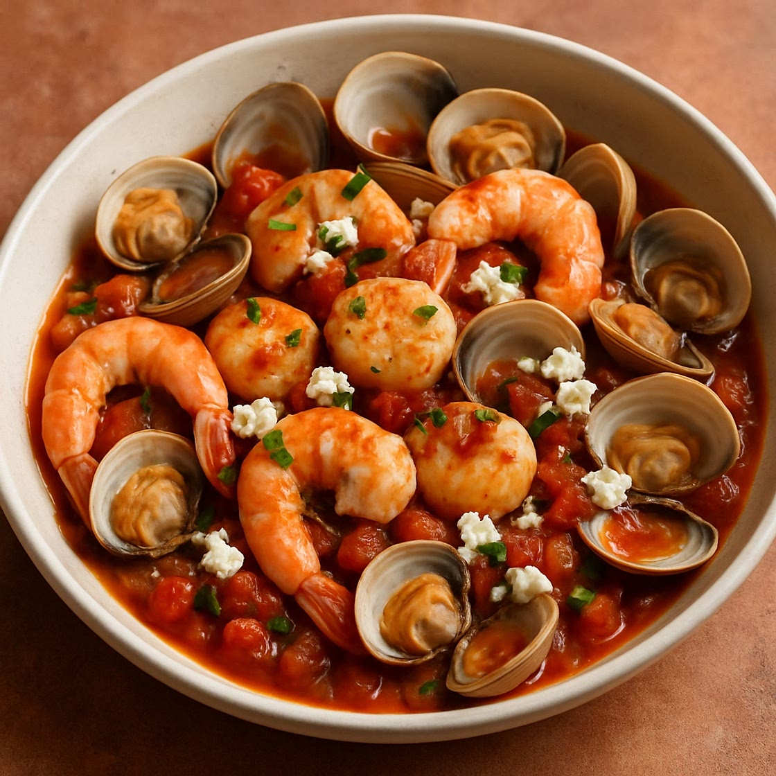 Prawns, scallops & clams with tomato & feta