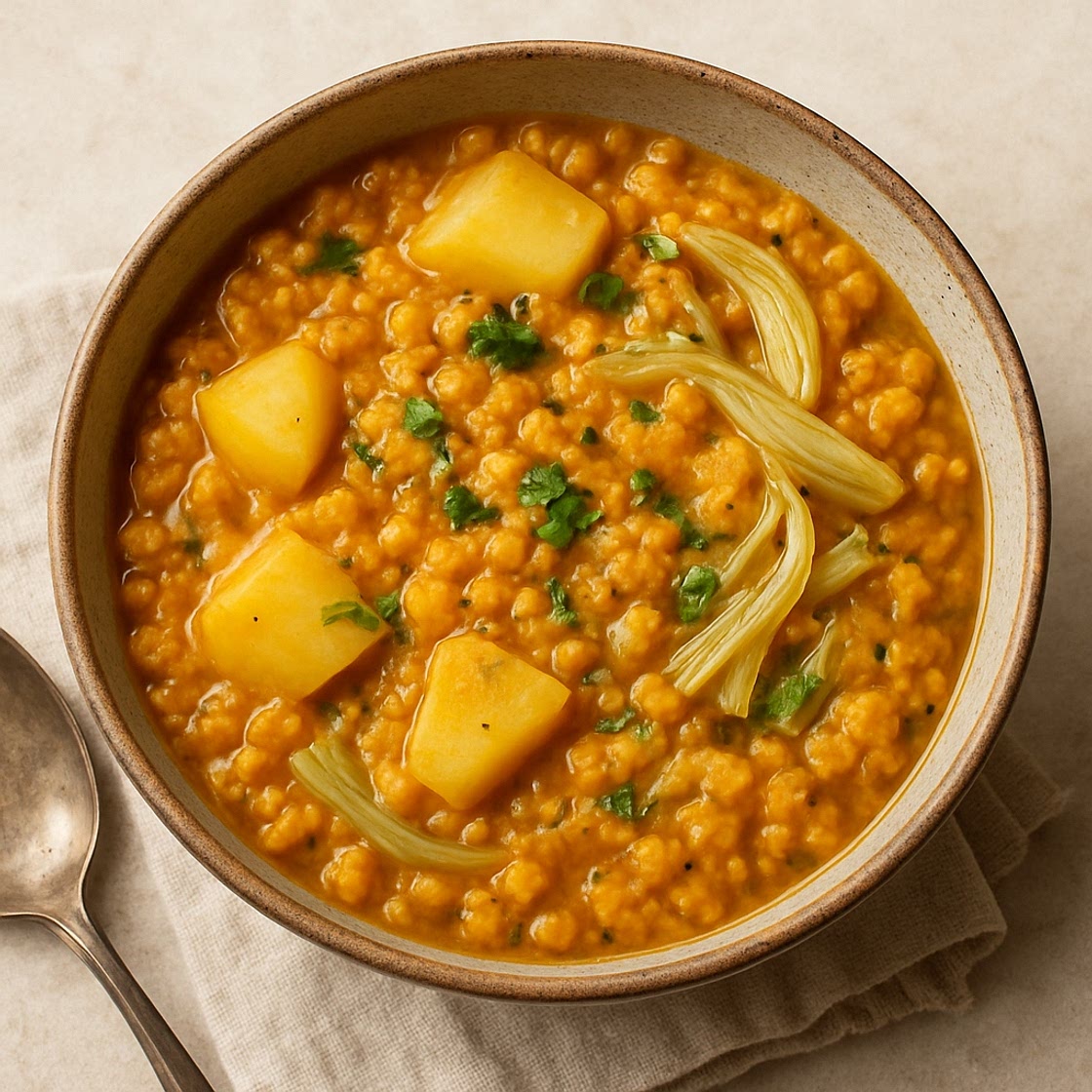Red lentil dal with potato and fennel
