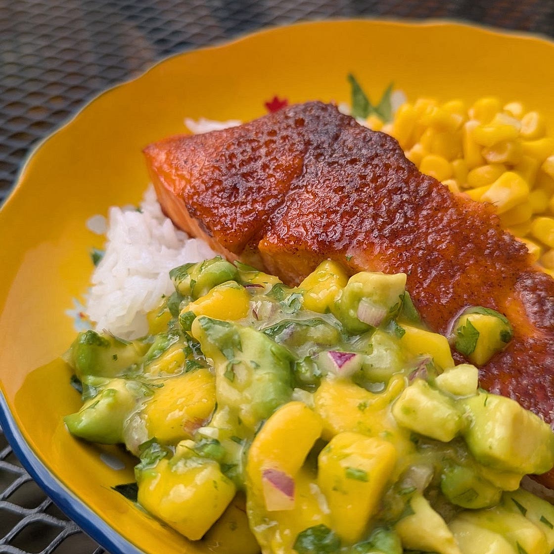 BBQ Salmon Bowls with Mango Avocado Salsa