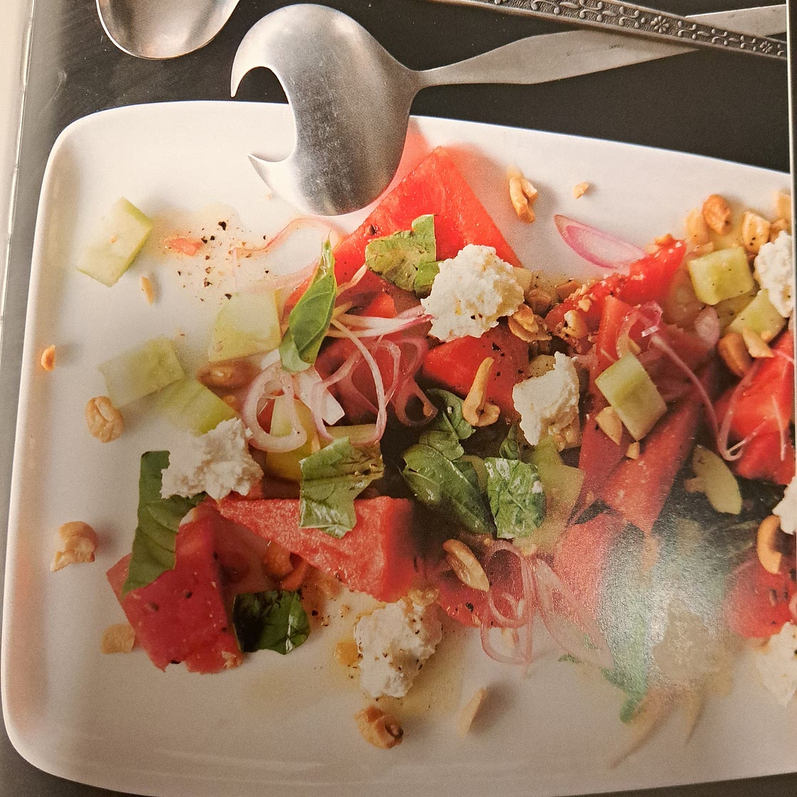 Watermelon and Cucumber Salad with Goat Cheese and Sweet Shallots