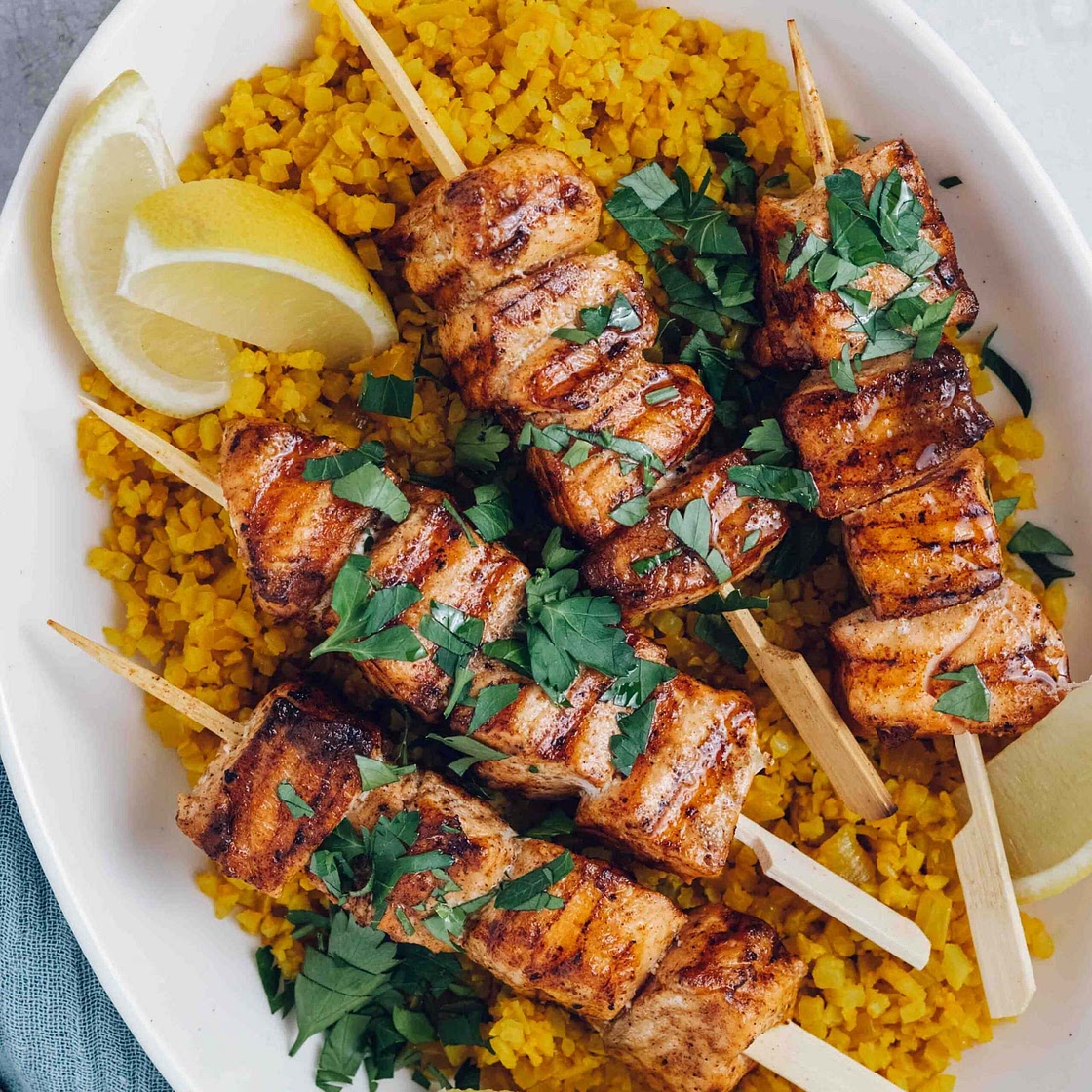 Shawarma-Spiced Salmon Skewers with Golden Cauliflower Rice