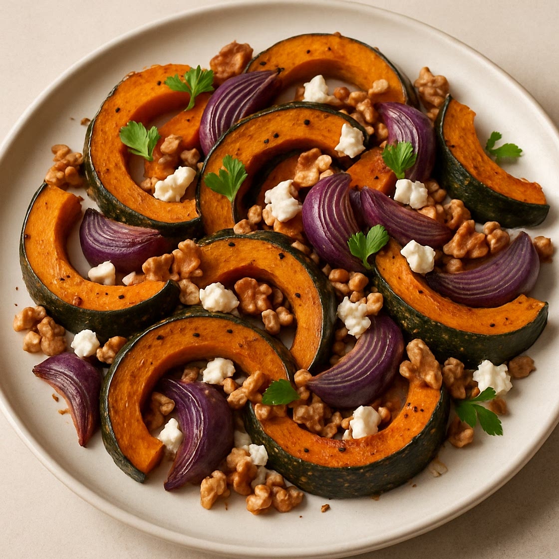 Roasted Kabocha Squash with Red Onion, Walnuts & Feta