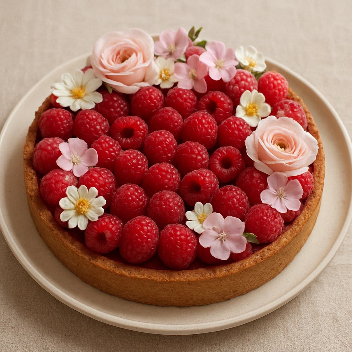 Tarta de frambuesa con flores