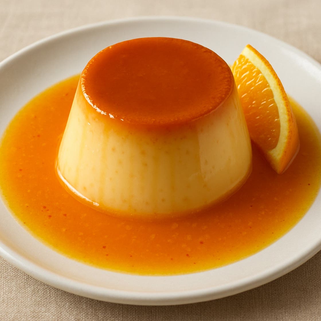 Flan de crema con salsa de naranja