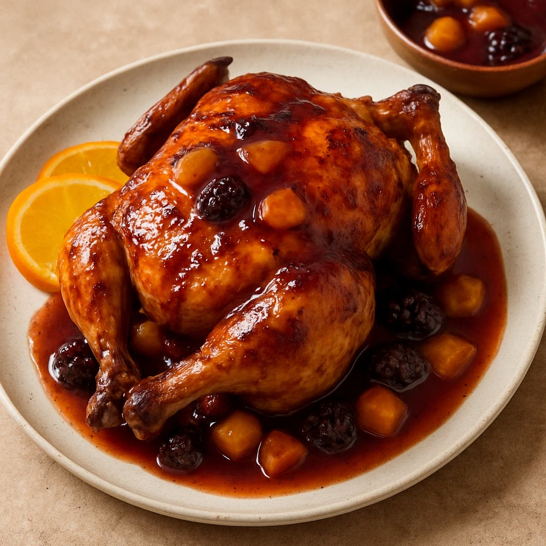 Pollo rostizado con salsa de frutas