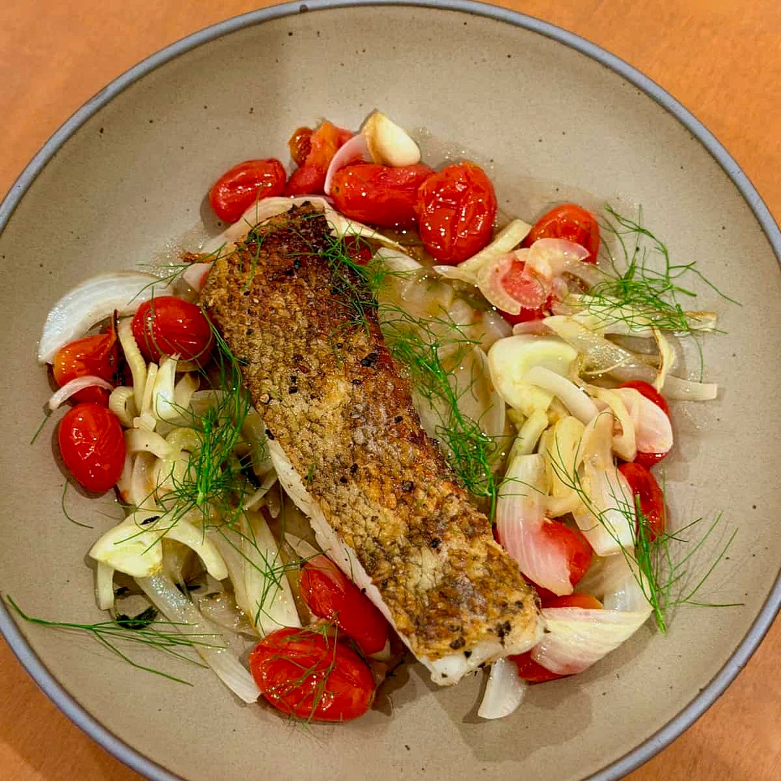 Crispy Chilean Sea Bass with Roasted Fennel and Tomato