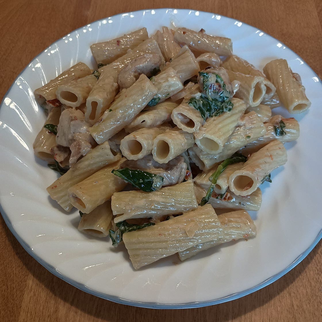 Dijon Chicken Pasta with Sun Dried Tomatoes and Spinach