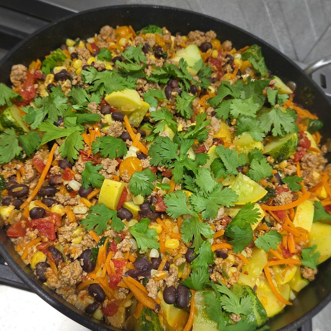 Ground Turkey Skillet with Zucchini, Corn, Black Beans and Tomato