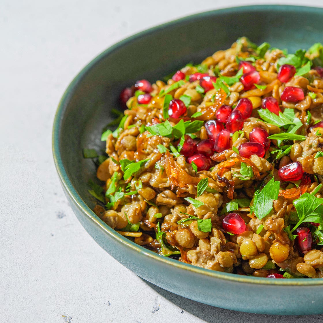 Lentil Salad with Tahini, Almonds and Pomegranate Molasses