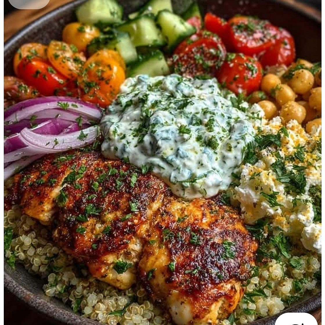 Loaded Mediterranean chicken power bowl with feta and tzatziki