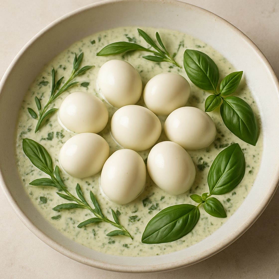 Huevos de codorniz con crema de estragón y albahaca