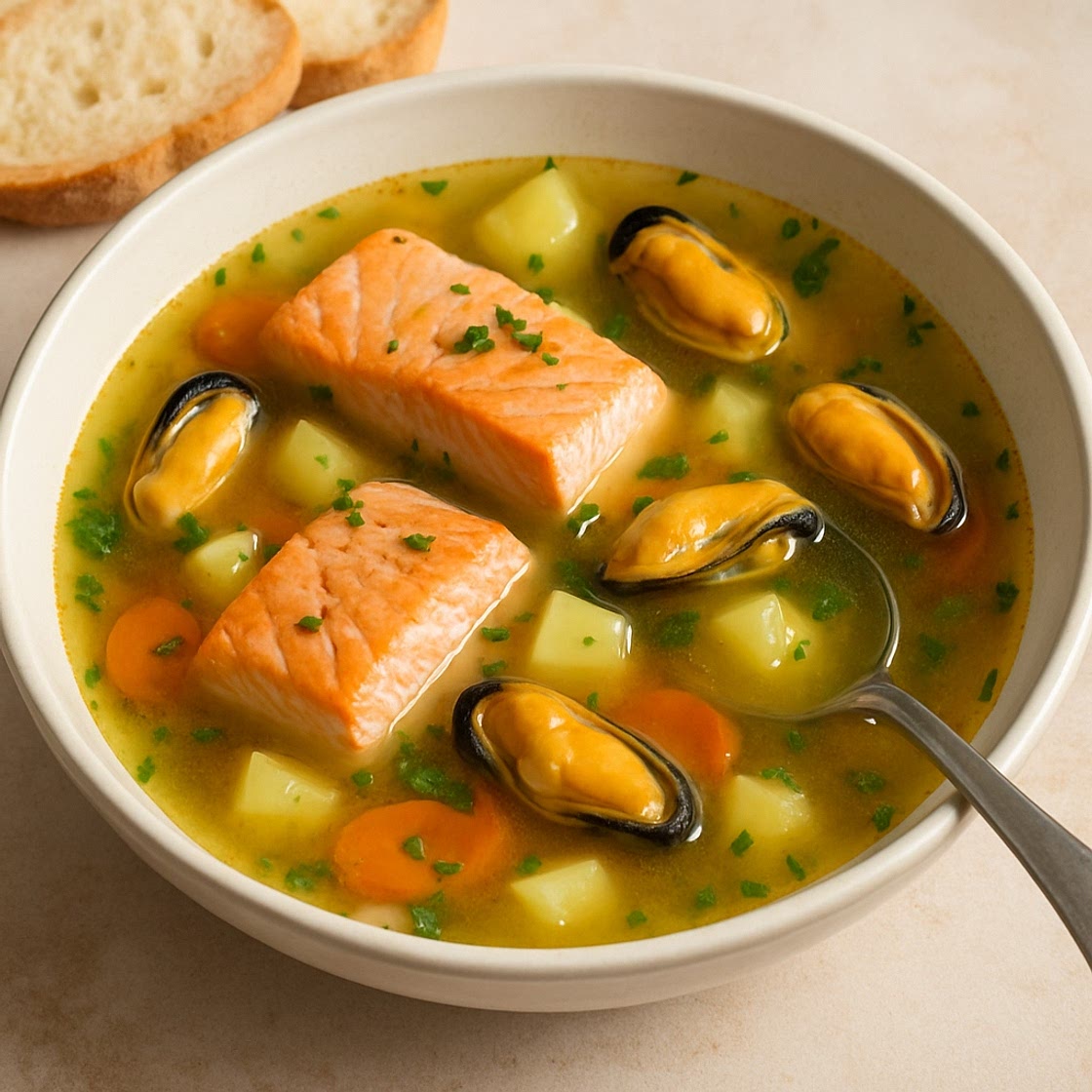 Sopa de salmón y mejillones (2 porciones)