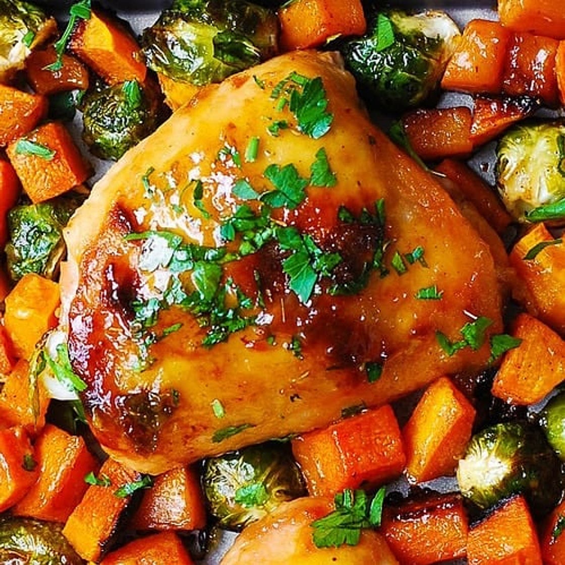 Sheet Pan Maple-Dijon Chicken with Roasted Butternut Squash and Brussels Sprouts