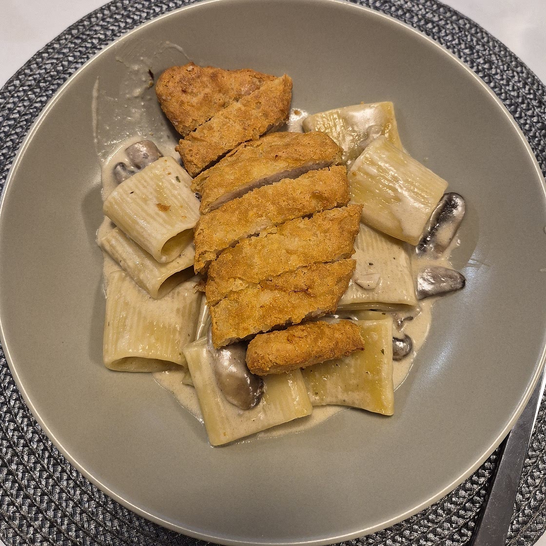 Creamy Mushroom Pasta with Crispy Chicken Escalope