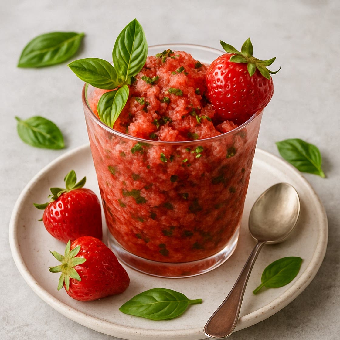 Raspado de albahaca y fresas