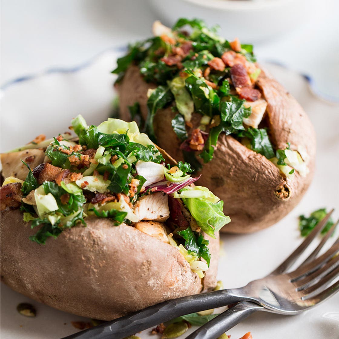 Grilled Chicken & Sweet Kale Salad Stuffed Sweet Potatoes - Taylor Farms