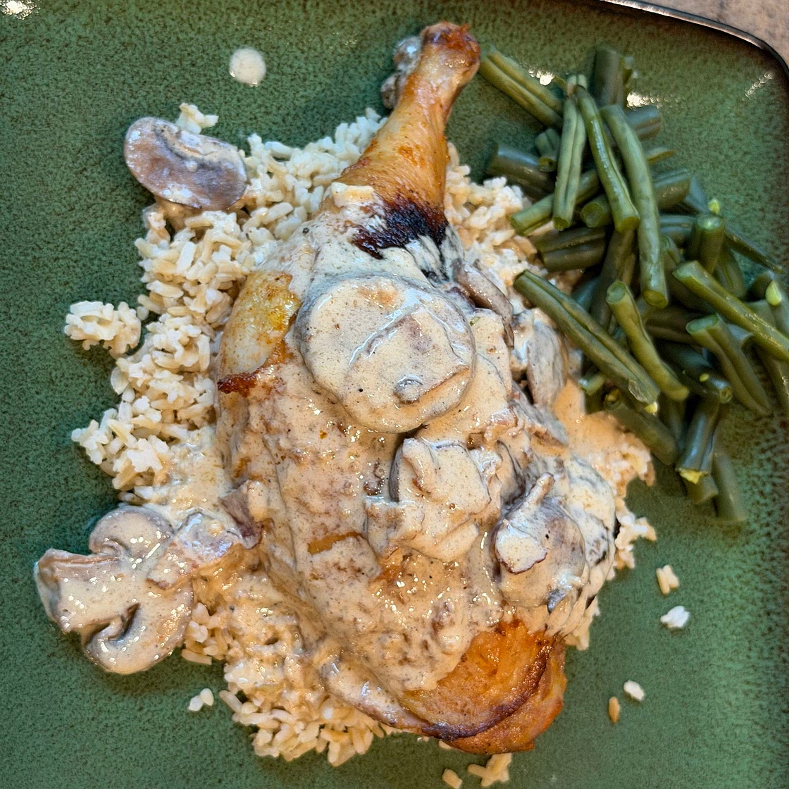 Creamy Baked Chicken Thighs with Mushrooms & Bacon