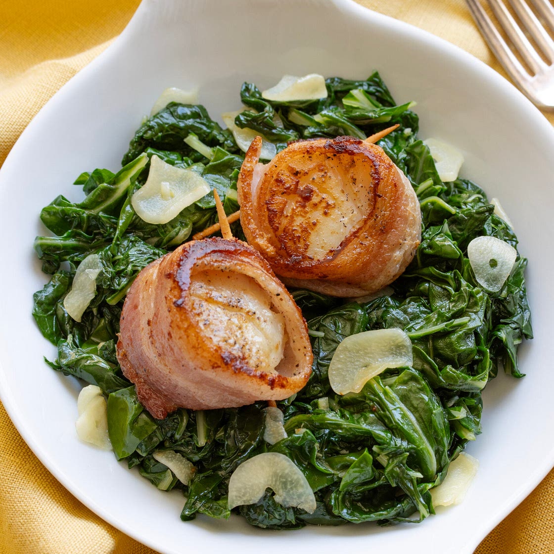 Bacon-Wrapped Scallops with Garlic Swiss Chard