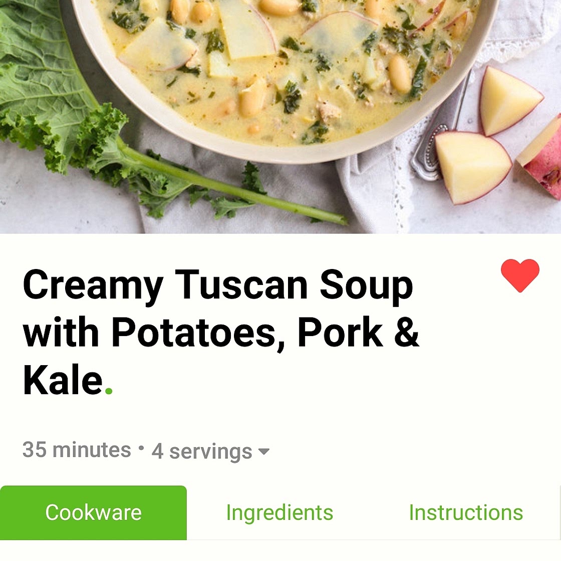 Creamy Tuscan Soup with potatoes, pork, and Kale