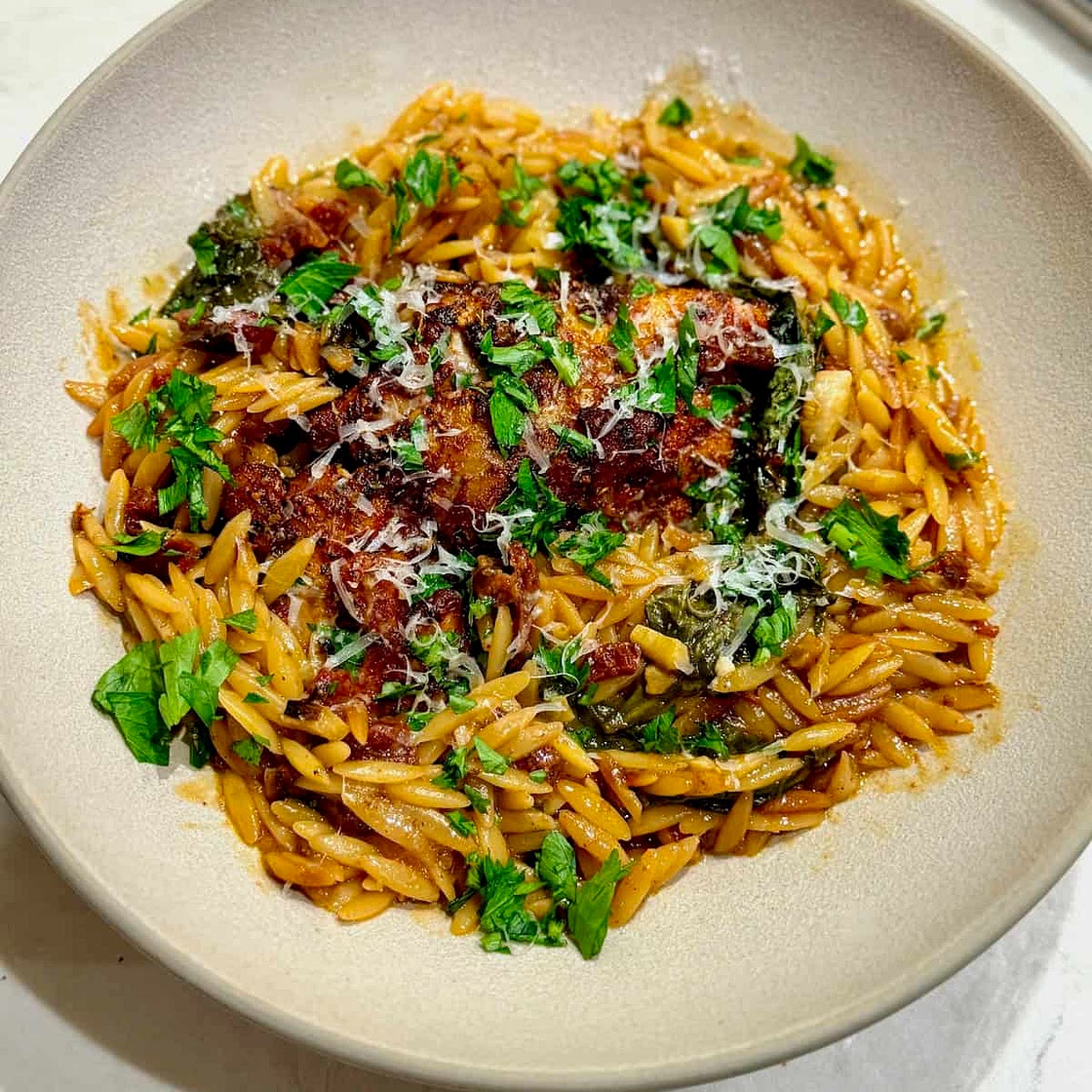 One Pan Sun-Dried Tomato Chicken Orzo